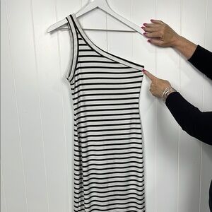Fore Womens Dress Maxi L Black White Stripes Stretch Waist One Shoulder Stretch